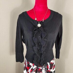 Black Coquette Ruffled Feminine 3/4 Sleeve Buttoned Cardigan Sweater Bolero Med